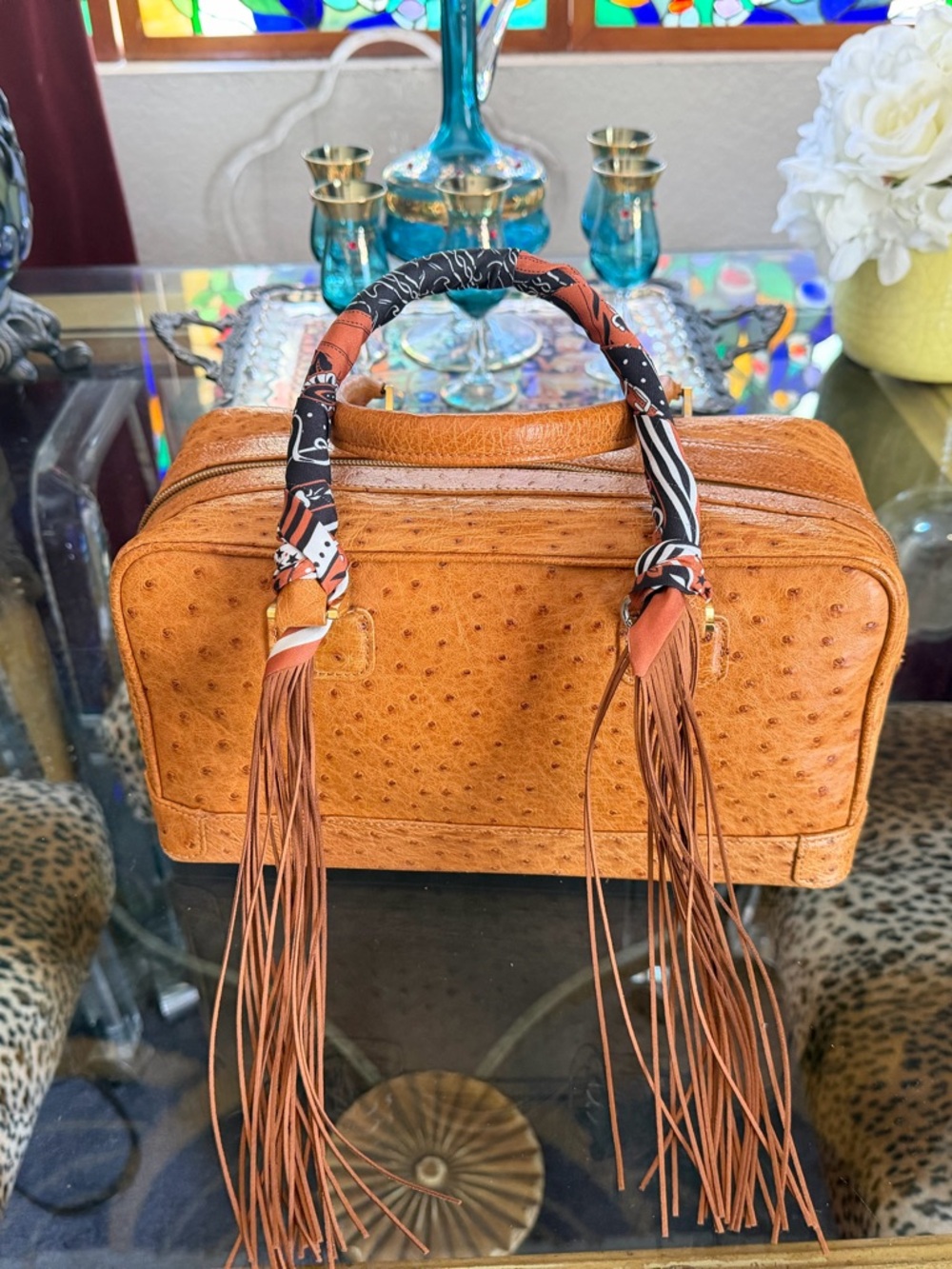 Women’s Tan Genuine Ostrich Top-Handle Bag with Fringe